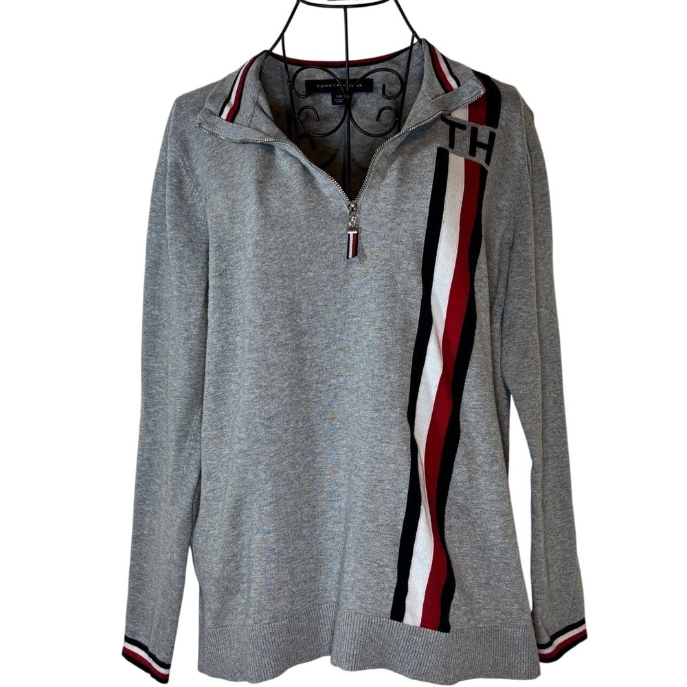 Tommy Hilfiger Women Gray Quarter Zip Pullover‎ Sweater TH Stripe Logo Size L